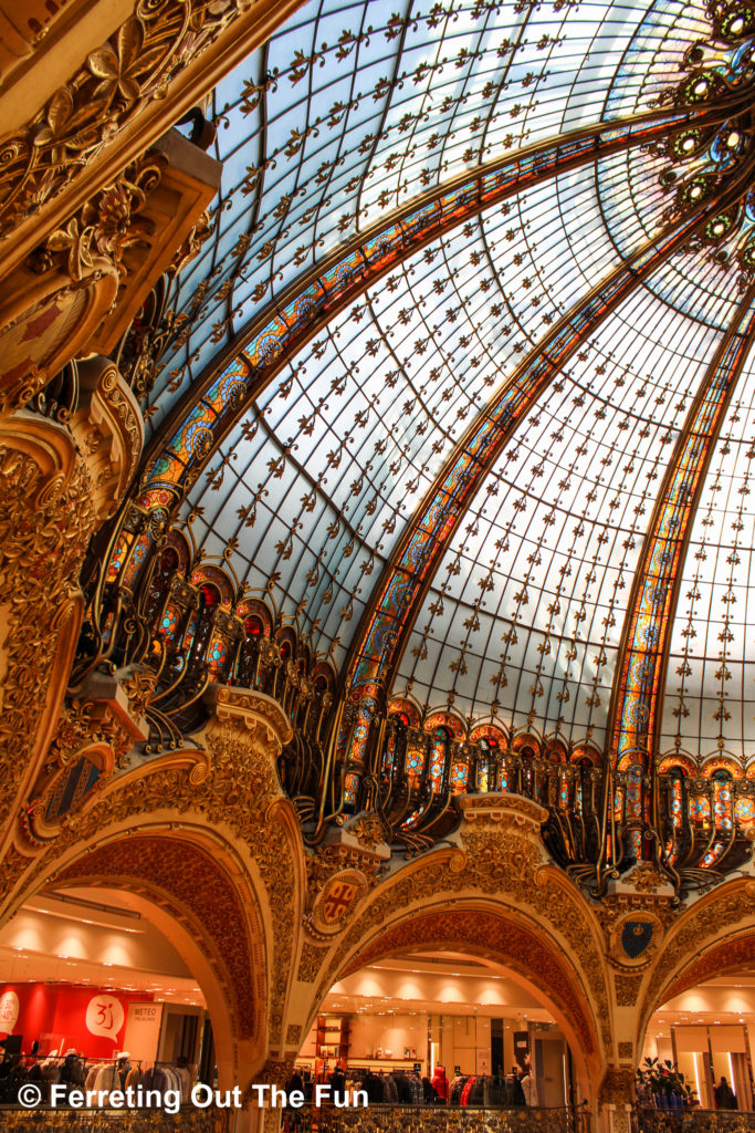 The beautiful stained glass dome of the Galeries Lafayette shopping center in Paris