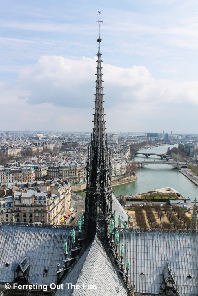 Breathtaking view over Paris from the Notre Dame towers, with the spire and roof before the fire