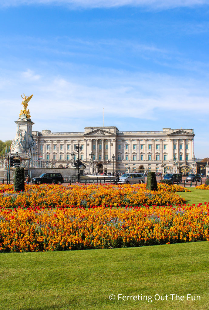 Flowers bloom in front of Buckingham Palace, London
