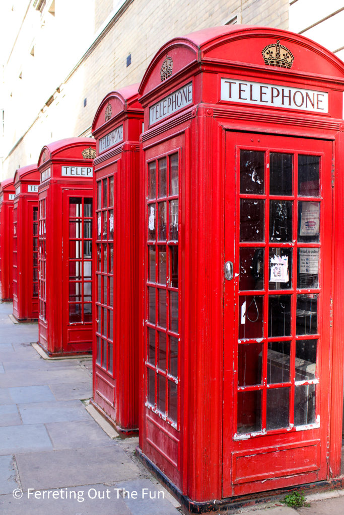 A line of five red phonebooths in Covent Garden, London