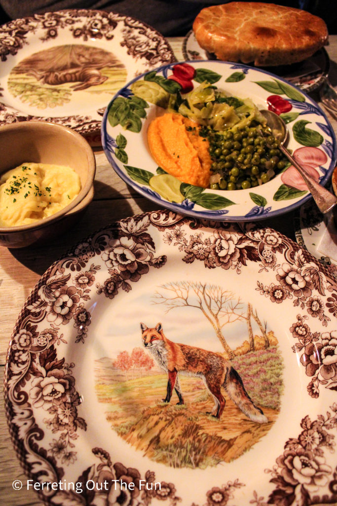 British farmhouse meal with shepherd's pie at Maggie Jones's restaurant London