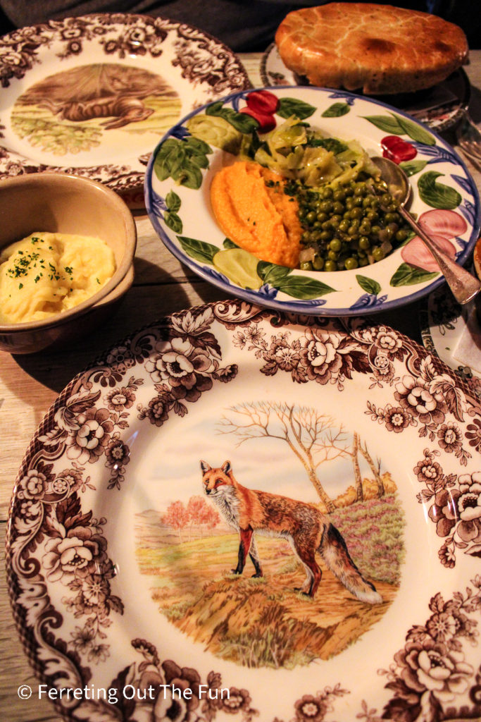 British farmhouse meal with shepherd's pie at Maggie Jones's restaurant London