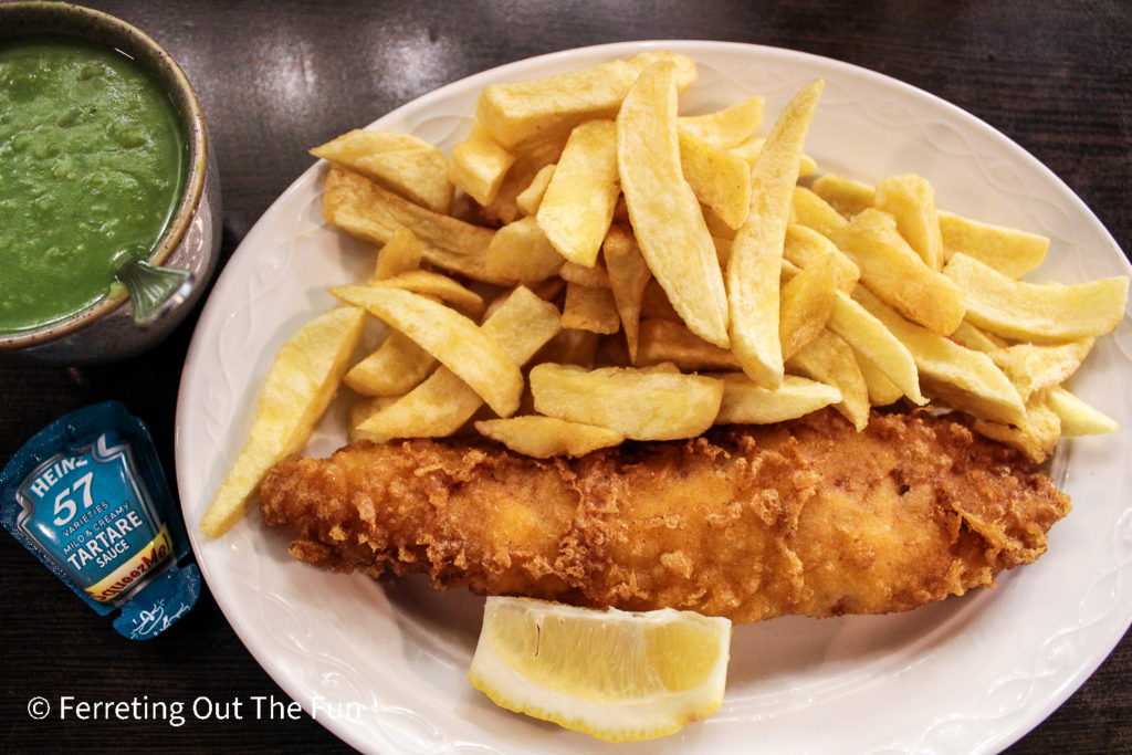 Fish and chips with mushy peas