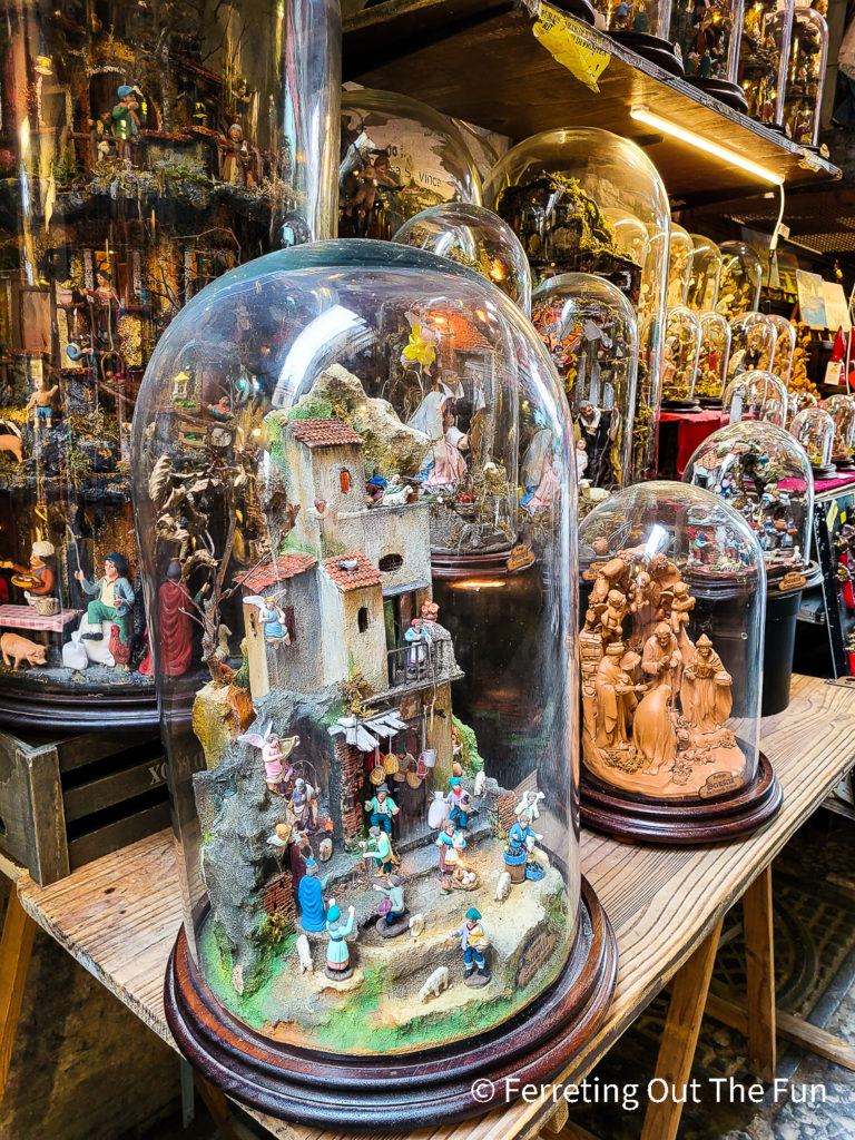 Elaborate nativity sets for sale on Christmas Street in Naples, Italy