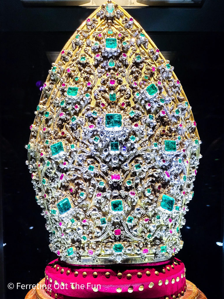 The Treasure of San Gennaro includes this gold bishop's hat covered in emeralds, rubies, and over 3,000 diamonds