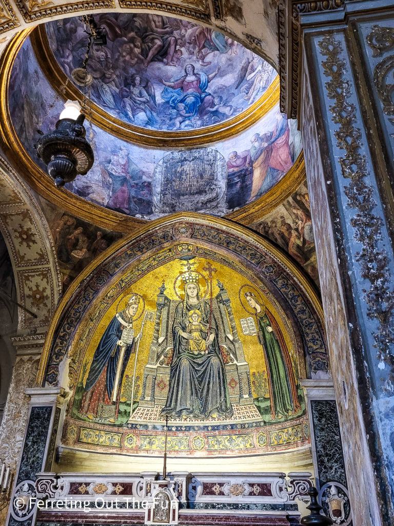 Exquisite gilded mosaics inside the Basilica of Saint Restituta in Naples, Italy