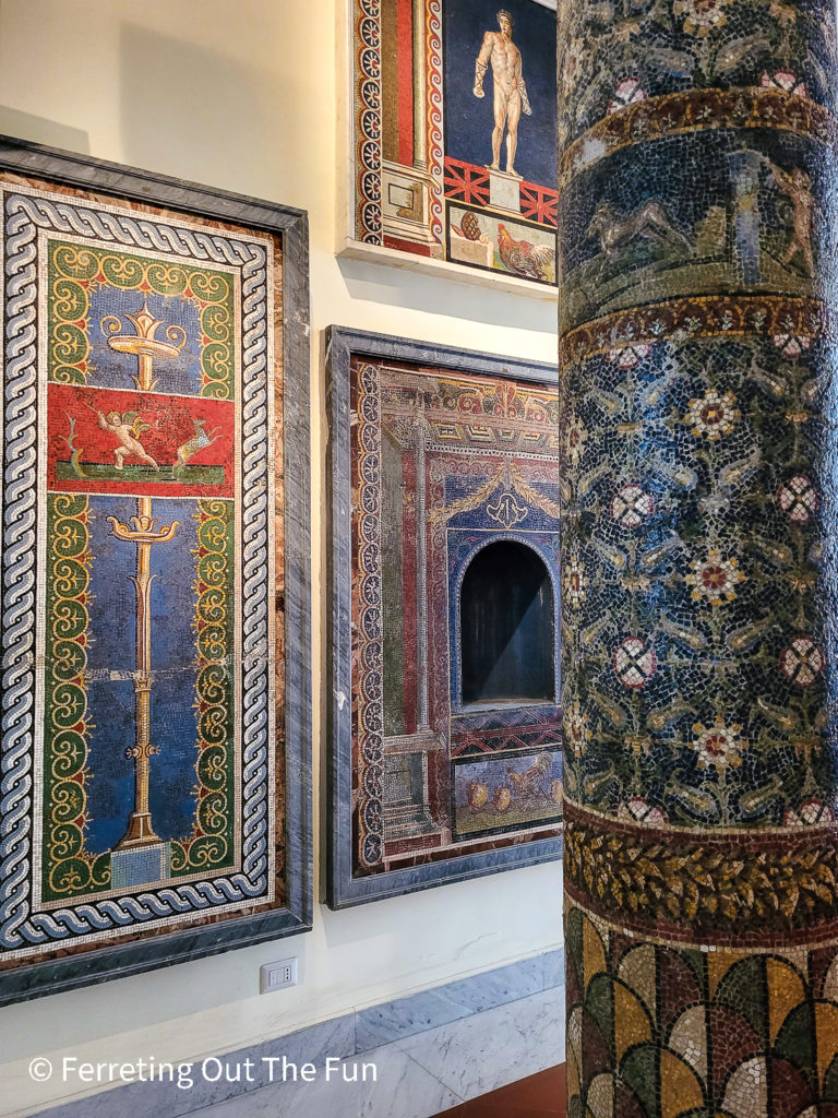 Colorful mosaics and frescoes salvaged from the ruins of Pompeii and Herculaneum, on display at the Naples Archeological Museum