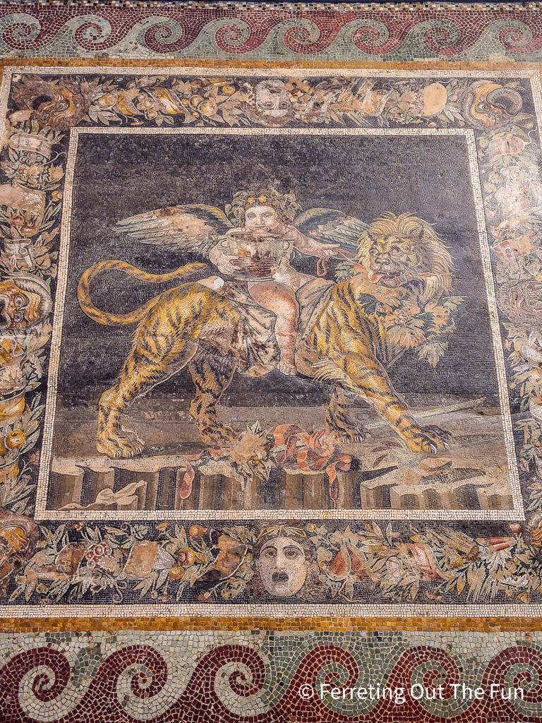 Young Dionysus on a Tiger, an impressive mosaic found in the House of the Faun in Pompeii