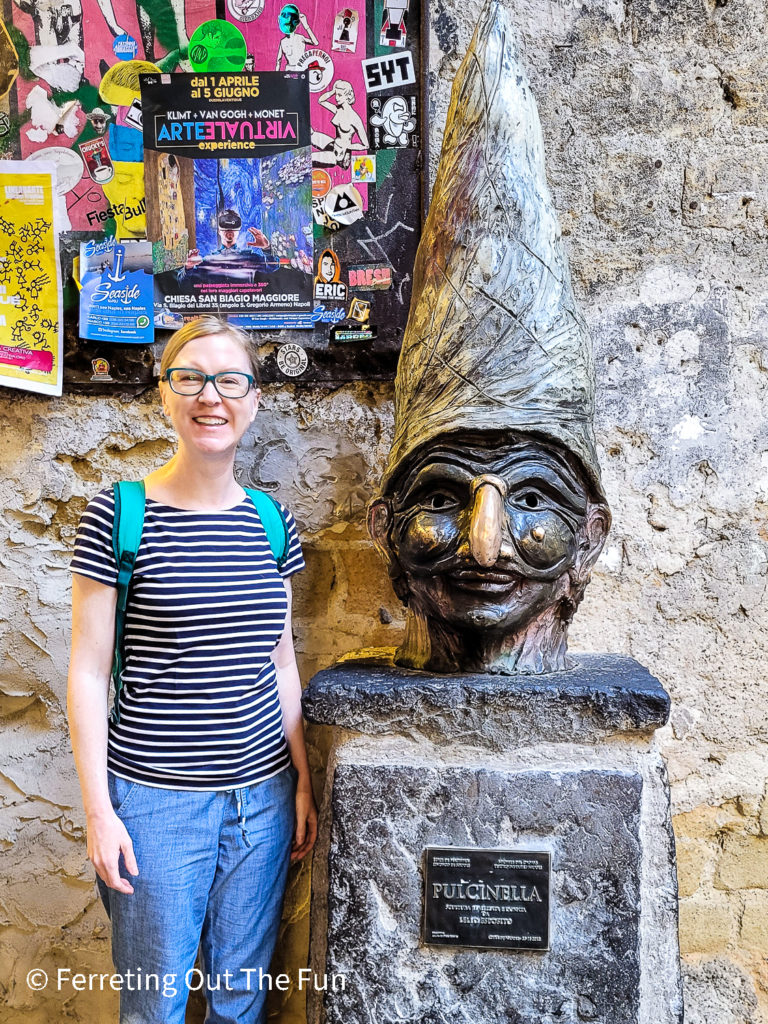 Bronze bust of Pulcinella, the mischievous mascot of Naples, Italy