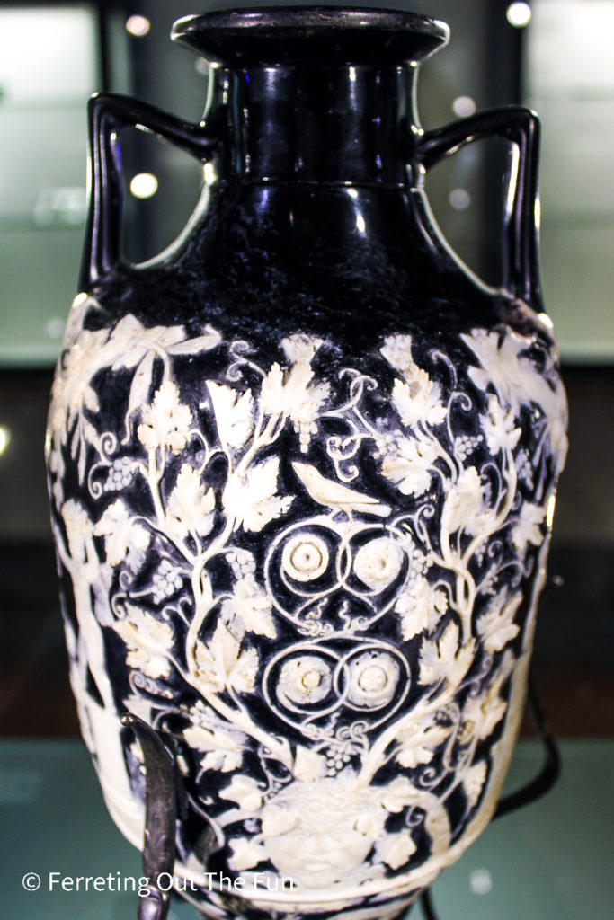 Blue vase with white cameos, recovered from the ruins of Pompeii. Amazing it survived the volcanic erruption!