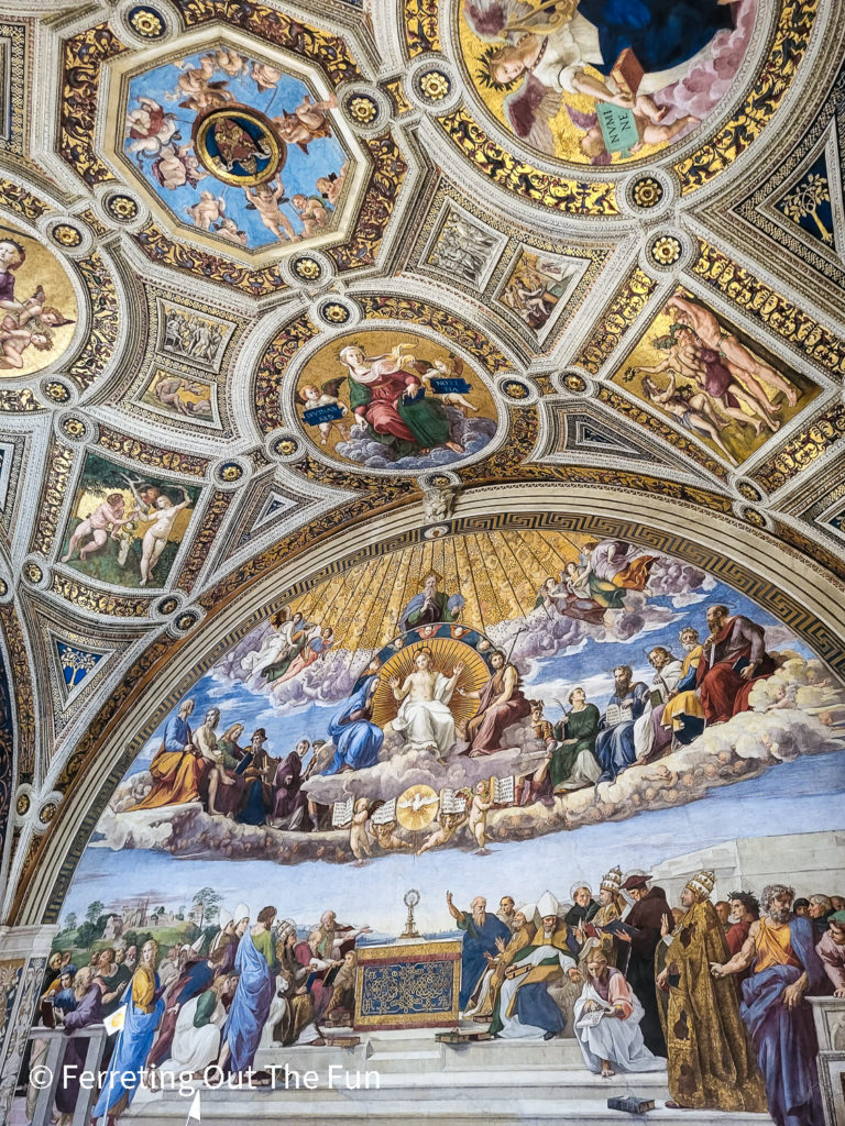 The Raphael Rooms of the Vatican Museums feature gilded ceilings and walls painted by the Renaissance master.