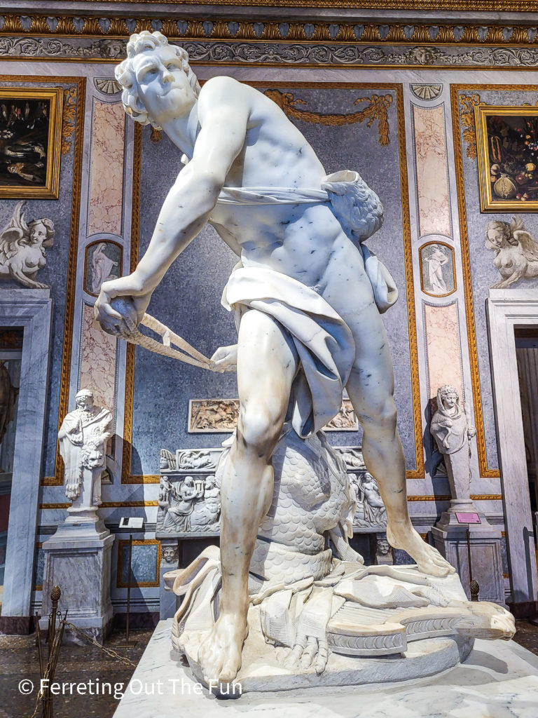 Bernini's David sculpture at the Borghese Gallery and Museum, Rome