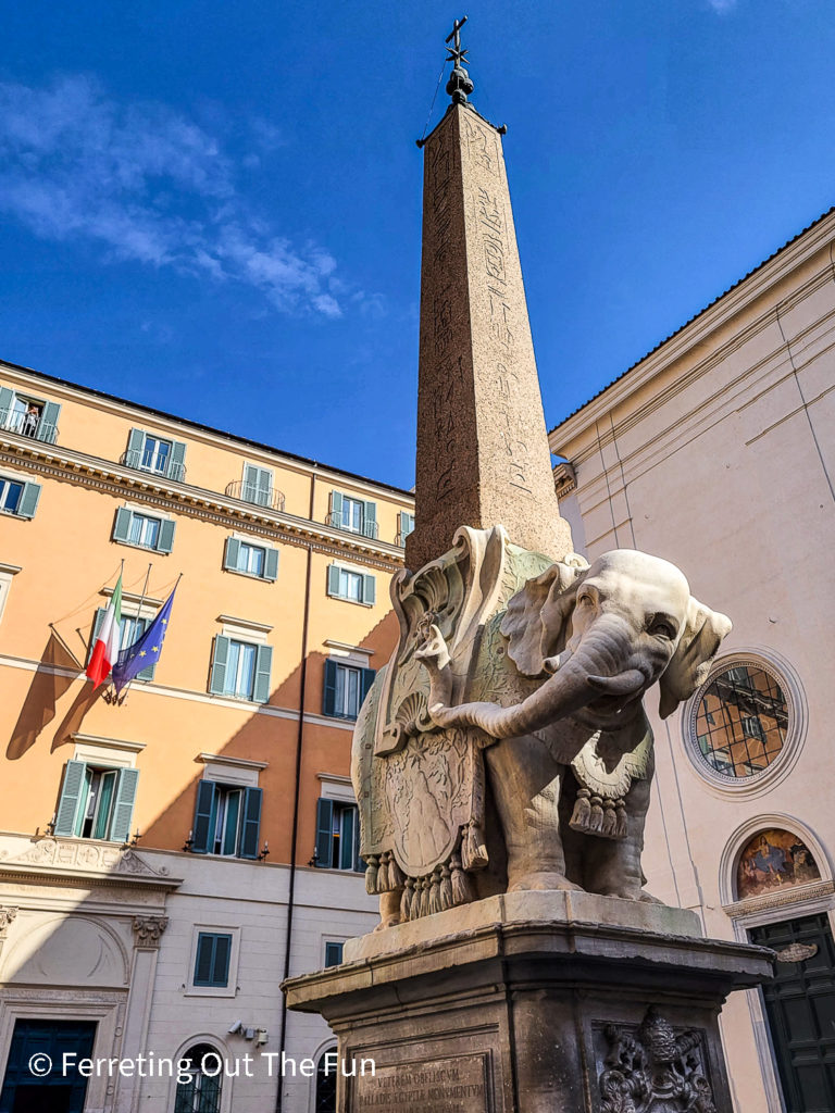 Elephant and Obelisk, a Bernini sculpture topped with an Egyptian Obelisk outside the Santa Maria Sopra Minerva Church in Rome