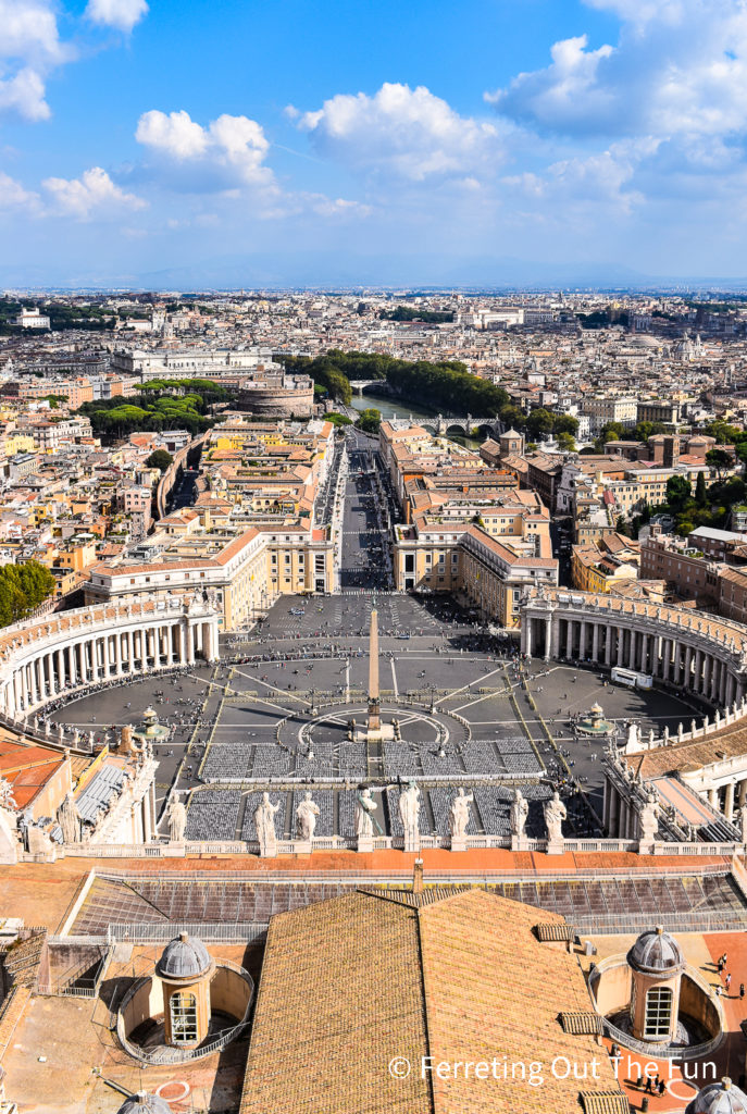 Beautiful view of St Peter's Square and Rome in the distance, from the top of the dome of St Peter's Basilica, Vatican City