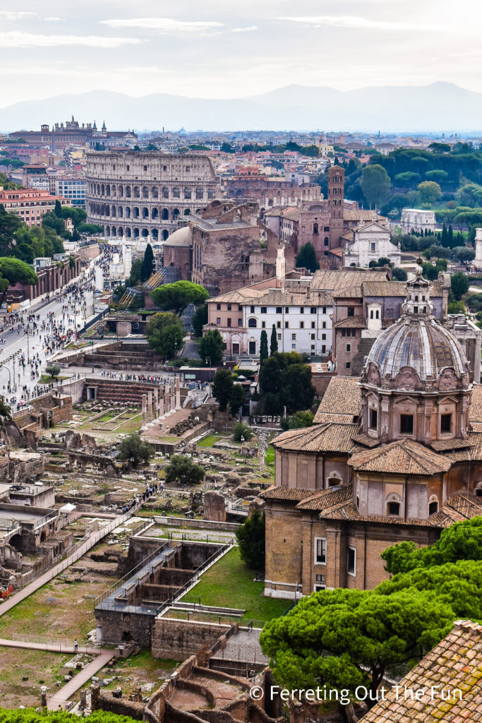 Stunning view of the Colosseum and Roman Forum from the roof of the Vittoriano monument