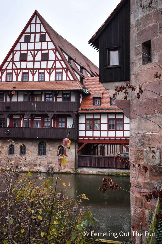 Beautiful half-timbered houses along the river in Nuremberg, Germany