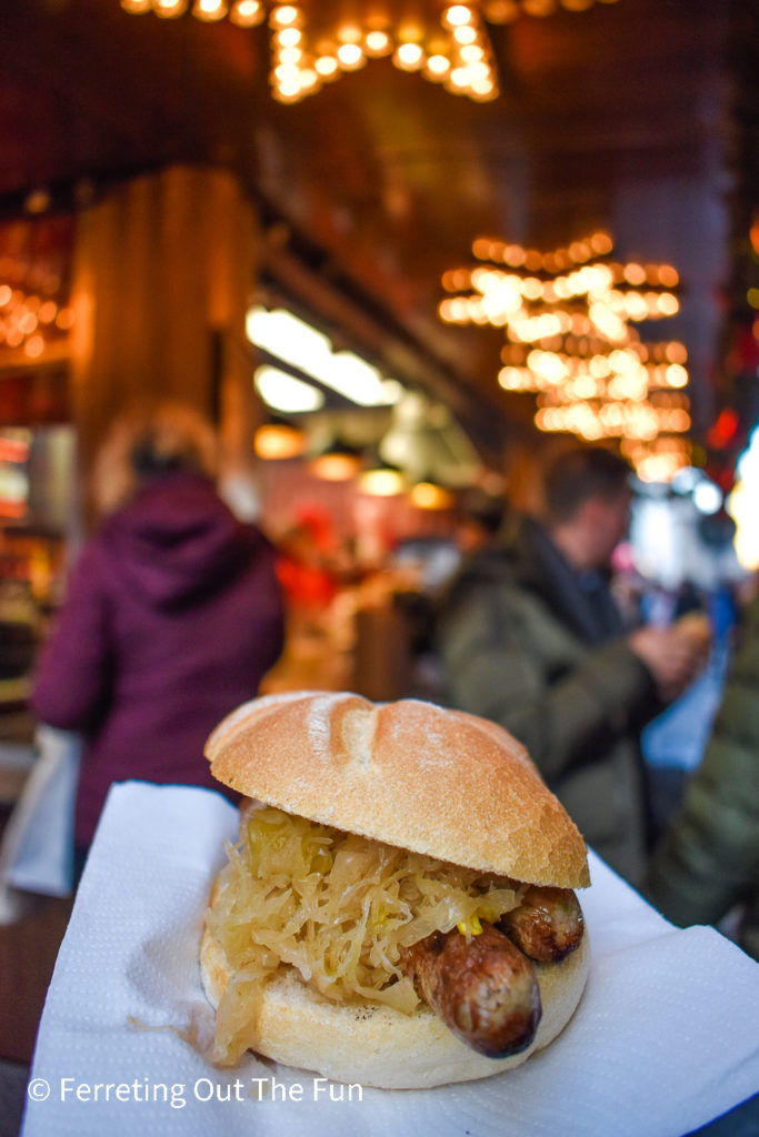 What to eat at a German Christmas market - bratwurst in a bun