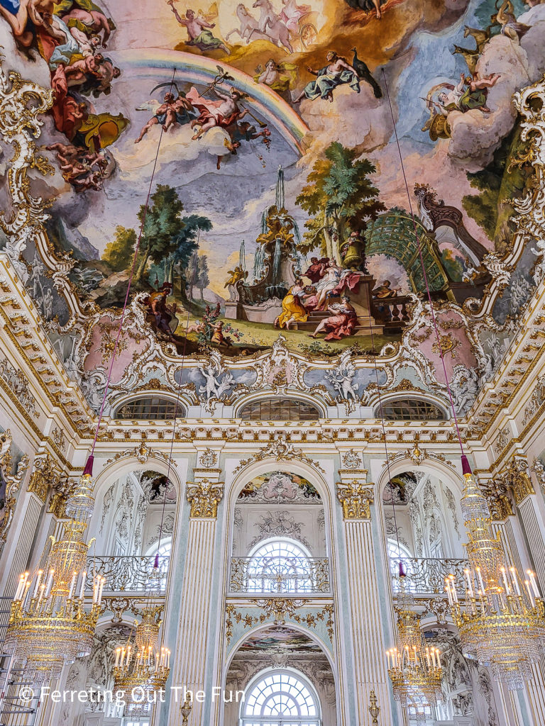 Grand entrance hall of Nymphenburg Palace, summer retreat of the Bavarian royal family. Located near Munich.