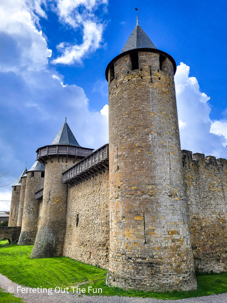 Impressive stone walls surround the medieval town of Carcassonne, France