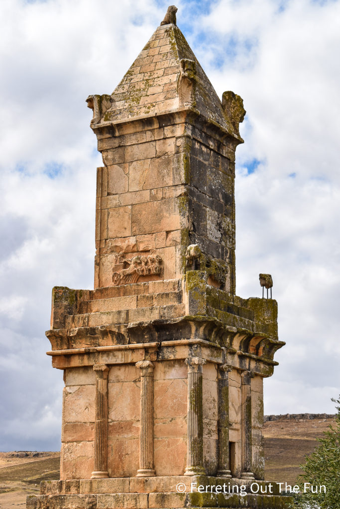 Mausoleum of Ateban, 2nd century BC tomb of a Numidian prince in Dougga Tunisia. The original and rare Libyan-Punic inscription is in the British Museum in London.