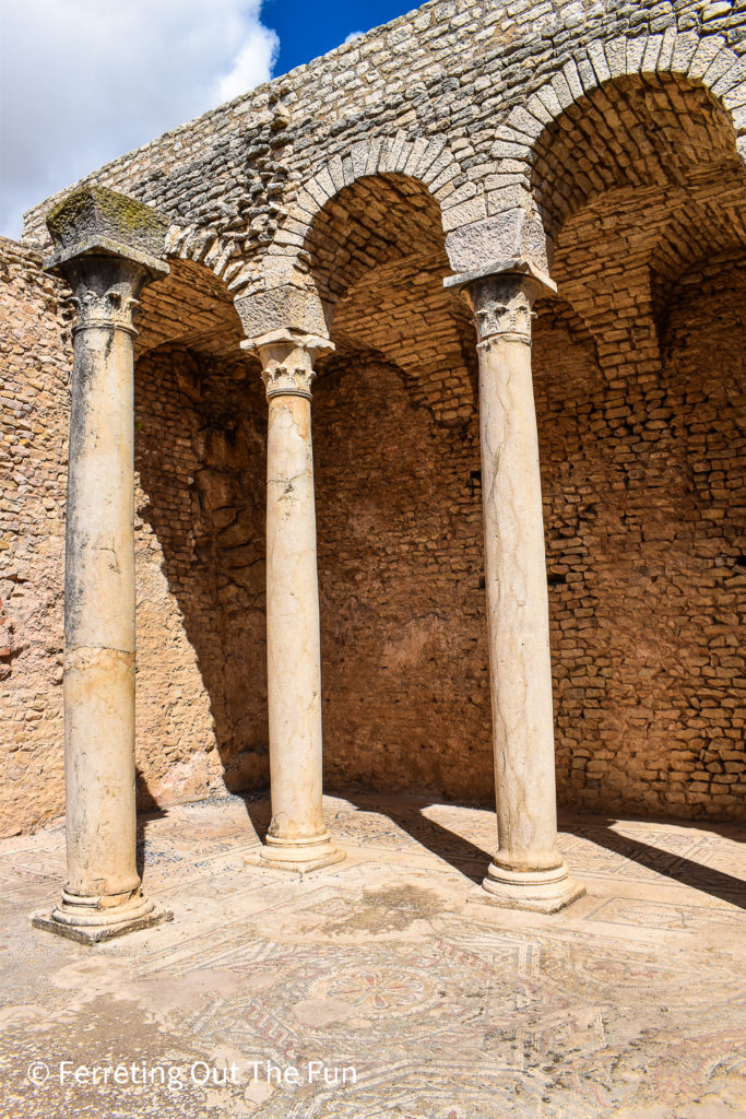 Ruins of an ancient Roman bath complex with a mosaic floor in Dougga Tunisia