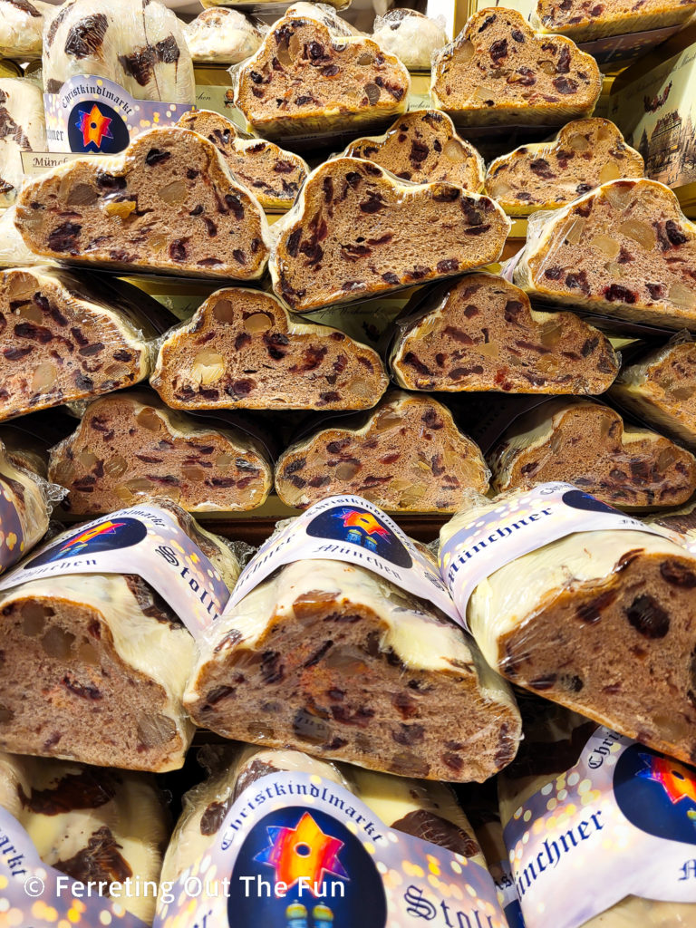 Loaves of stollen at the Munich Christmas Market. Stollen is a sweet bread full of nuts and fruits that is enjoyed during the holidays.