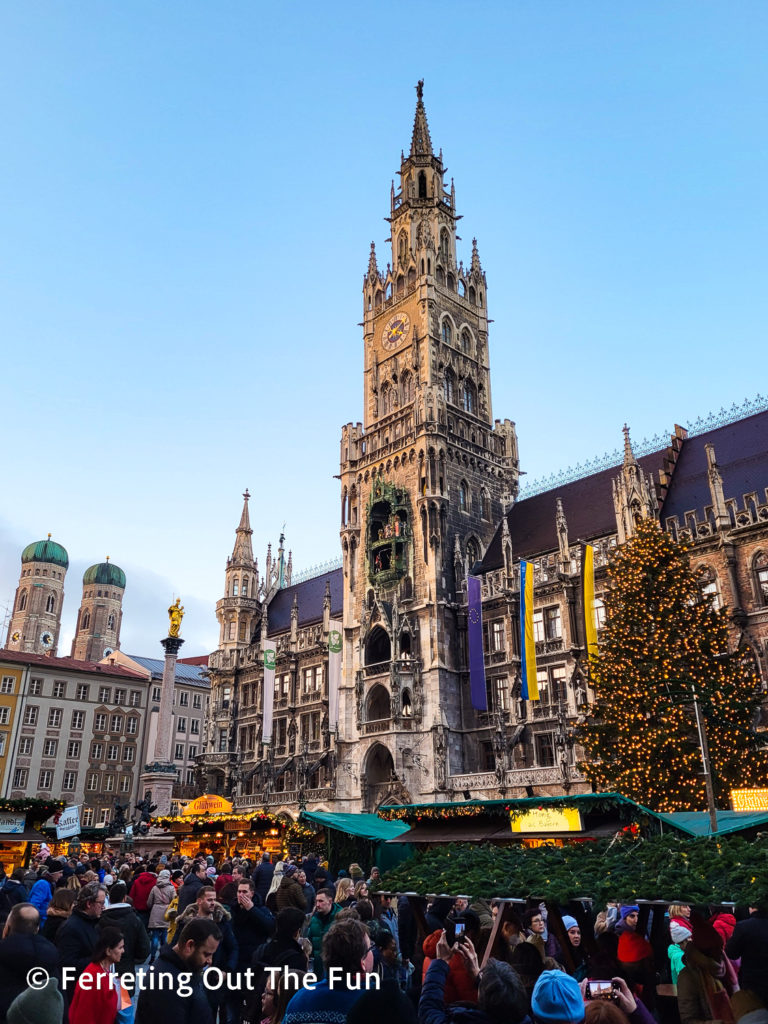 Munich Christmas Market in Marienplatz Square, with the beautiful town hall in the background