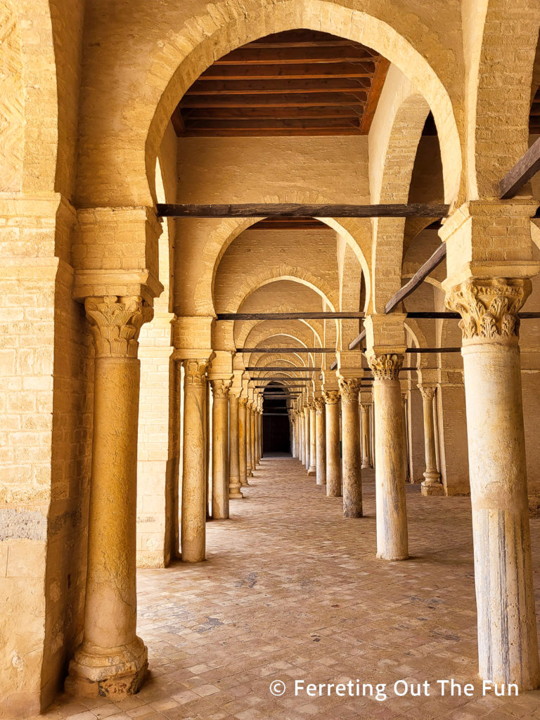 A portico of the Great Mosque of Kairouan lined with marble columns, likely traded from Rome and Constantinople.