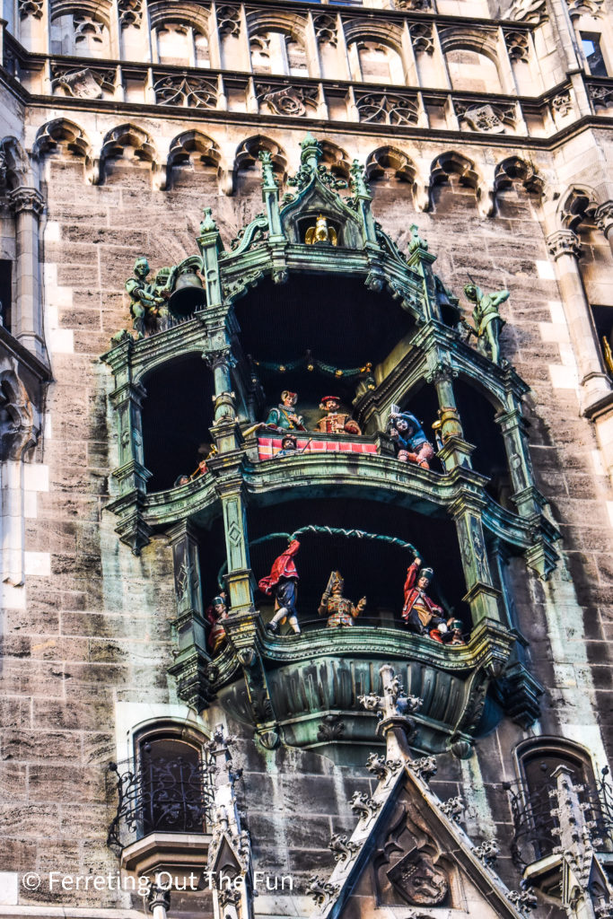The Glockenspiel, a famous clock in Munich New Town Hall, with life size figures that dance when the bells toll.