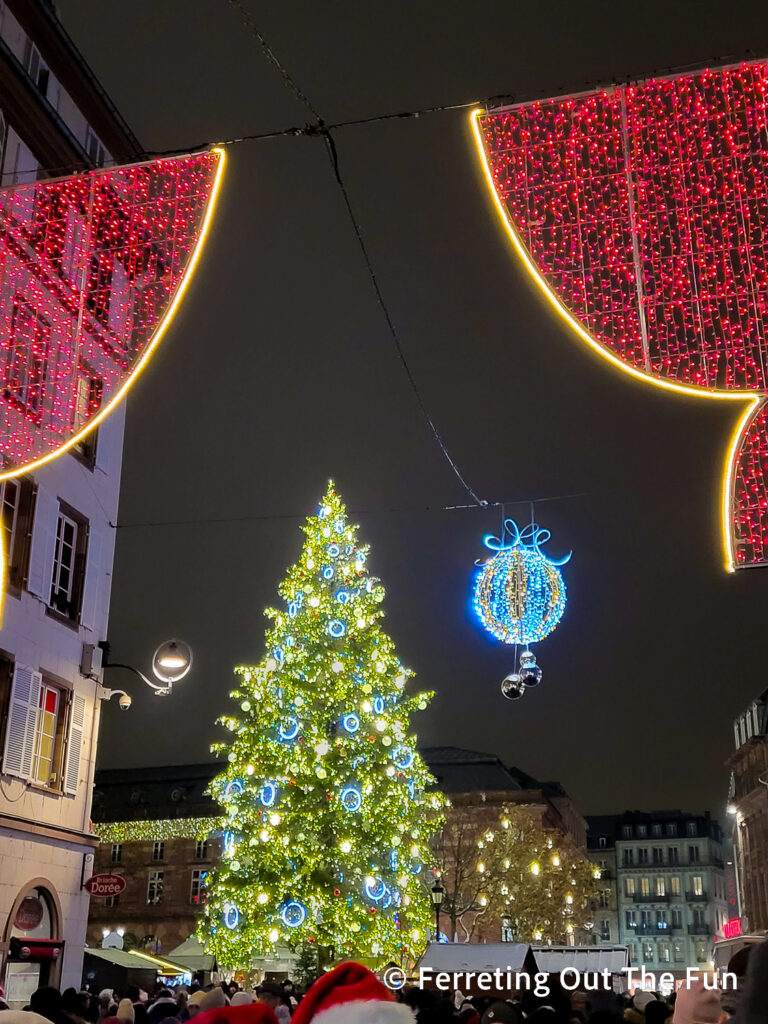 Beautiful holiday lights at the Strasbourg Christmas Market, the Capitol de Noel in France
