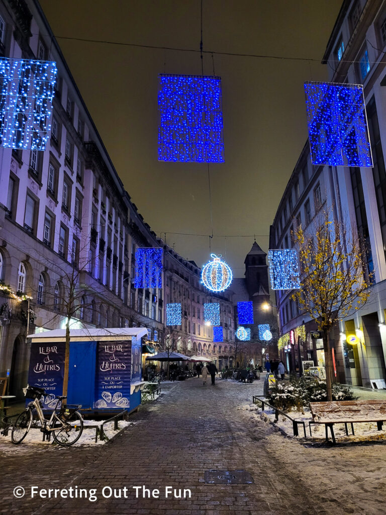 Colorful Christmas lights brighten up the streets of Strasbourg, France