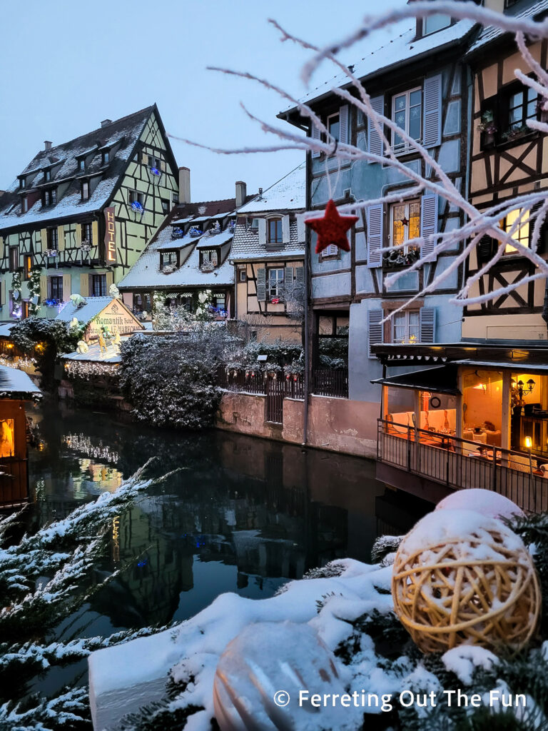 Beautiful Colmar, France covered in snow and Christmas decorations