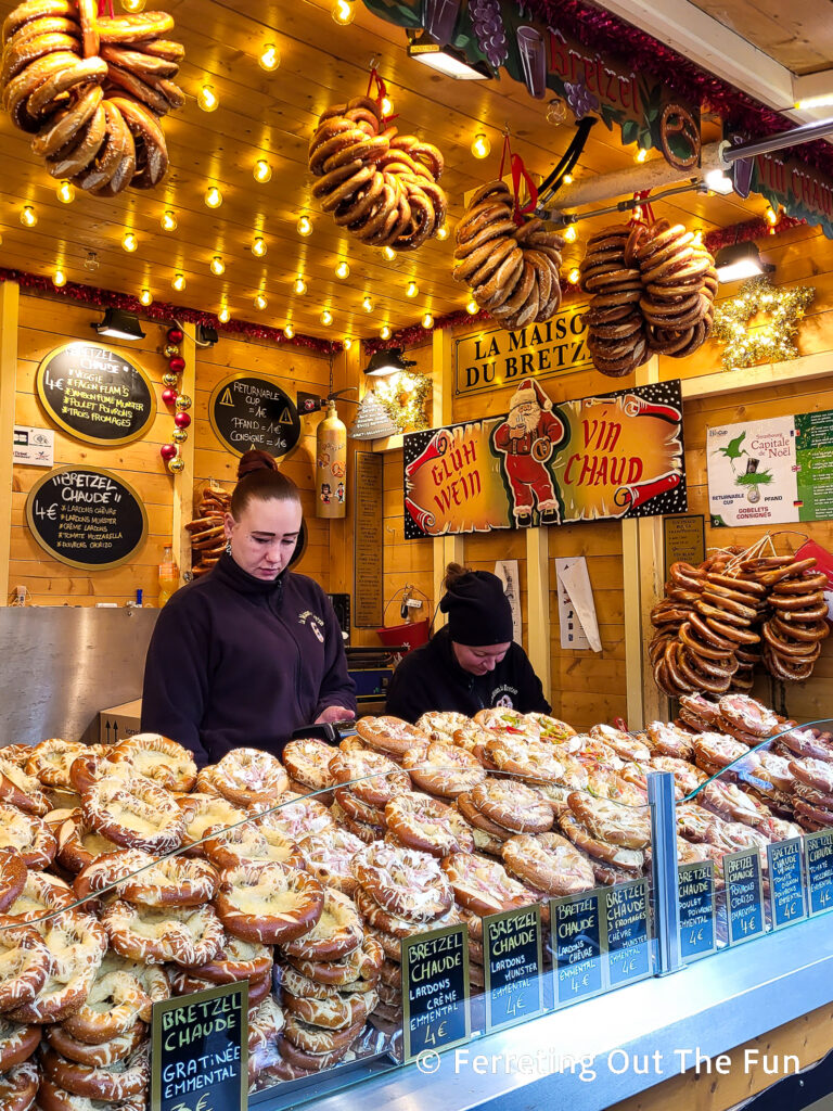 Stacks of cheesy pretzels at the Strasbourg Christmas Market
