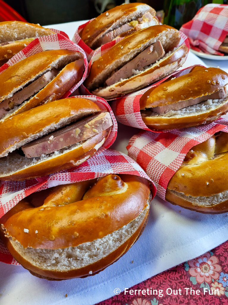 Foie gras and pretzel sandwiches at the Strasbourg Christmas Market. Such a decadent treat!