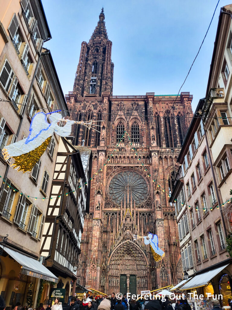 Illuminated angels float in front of Strasbourg Cathedral, the tallest building from the Middle Ages.