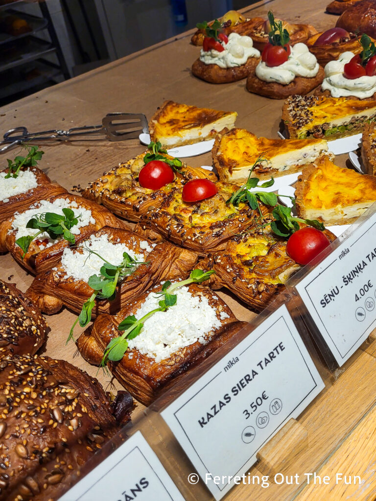 Savory pastries and quiches at Mikla bakery and cafe in Riga.