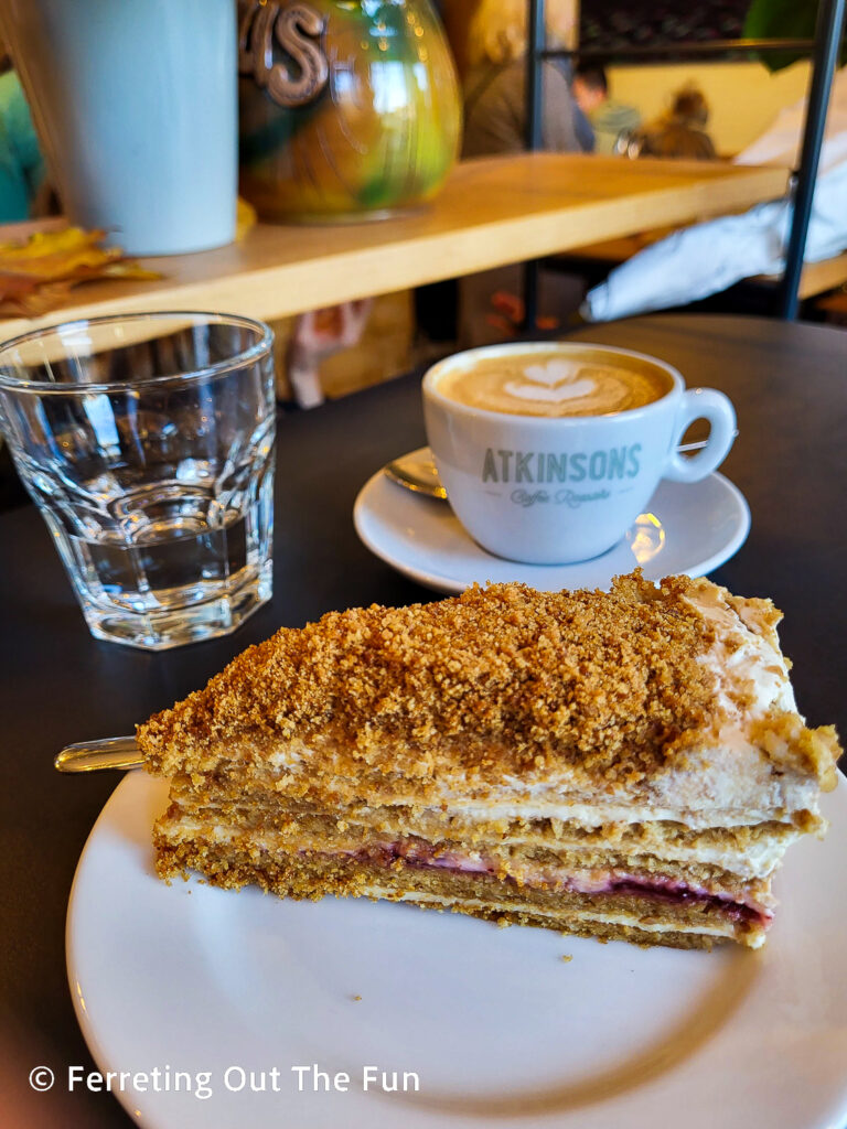 Honey cake and cappuccino at Zvaigzne Cafe in Riga, Latvia