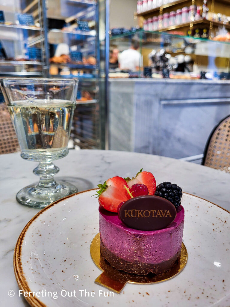 Creamy black currant pie and Prosecco at Kukotava cafe, in Riga, Latvia