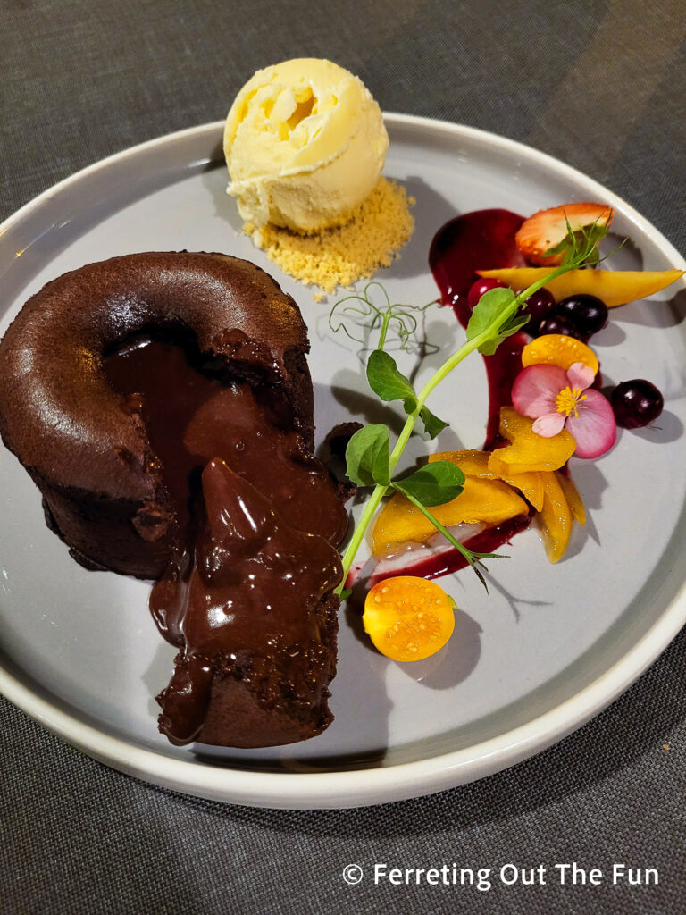 Chocolate fondant with chamomile ice cream and winter fruits at Petergailis Restaurant in Riga, Latvia