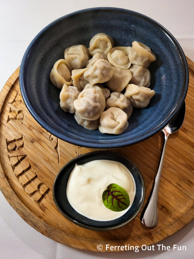 Pelmeni dumplings with sour cream at Uncle Vanya restaurant in Riga, Latvia