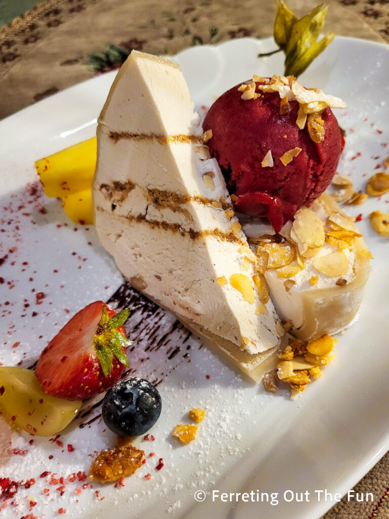 Marzipan ice cream cake with black currant ice cream