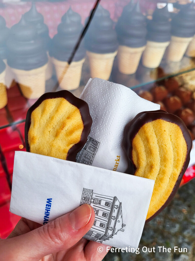 Chocolate dipped linzer cookie filled with black currant jam at the Schonbrunn Palace Christmas Market in Vienna