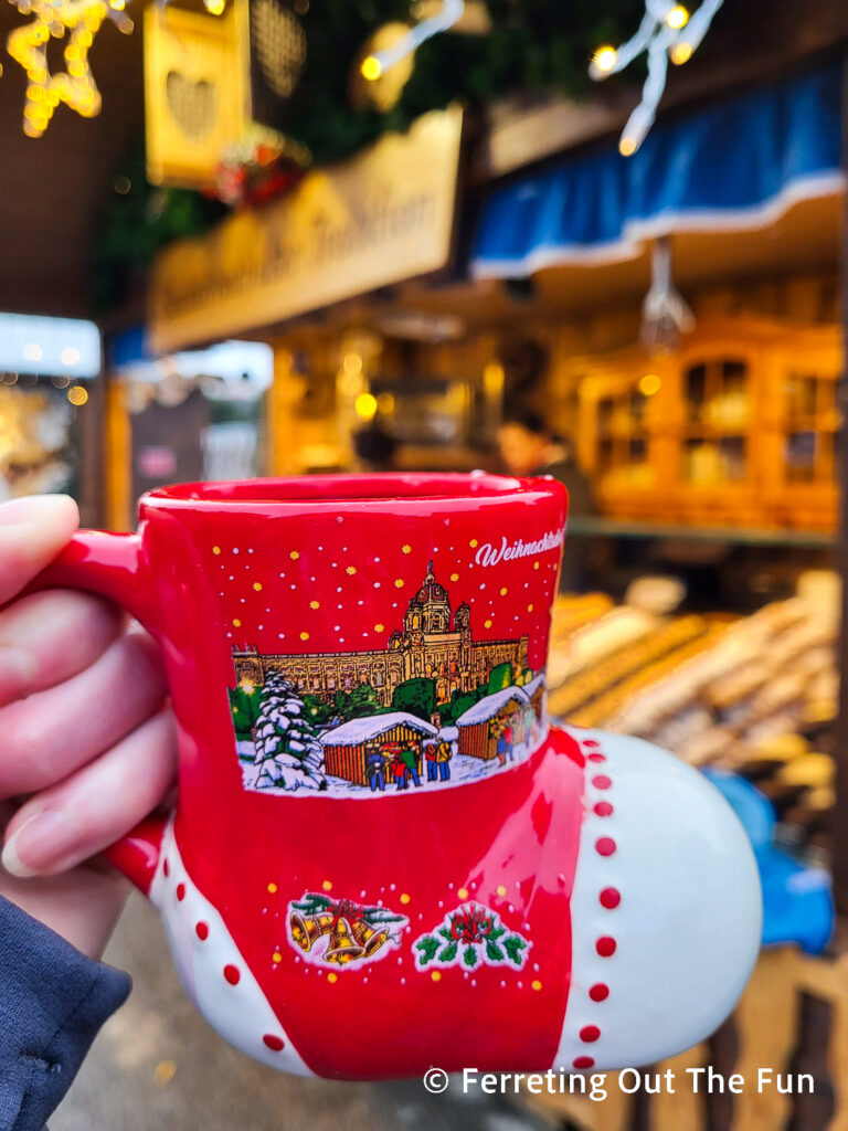 Charming red boot gluhwein mug at the Vienna Christmas Market