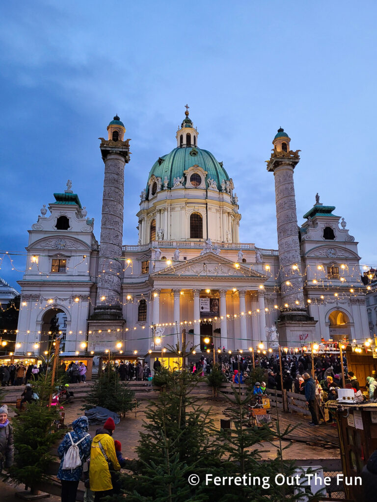 Karlsplatz Art Advent Market, one of the best Christmas Markets in Vienna, with the lovely baroque Karlskirche as a backdrop