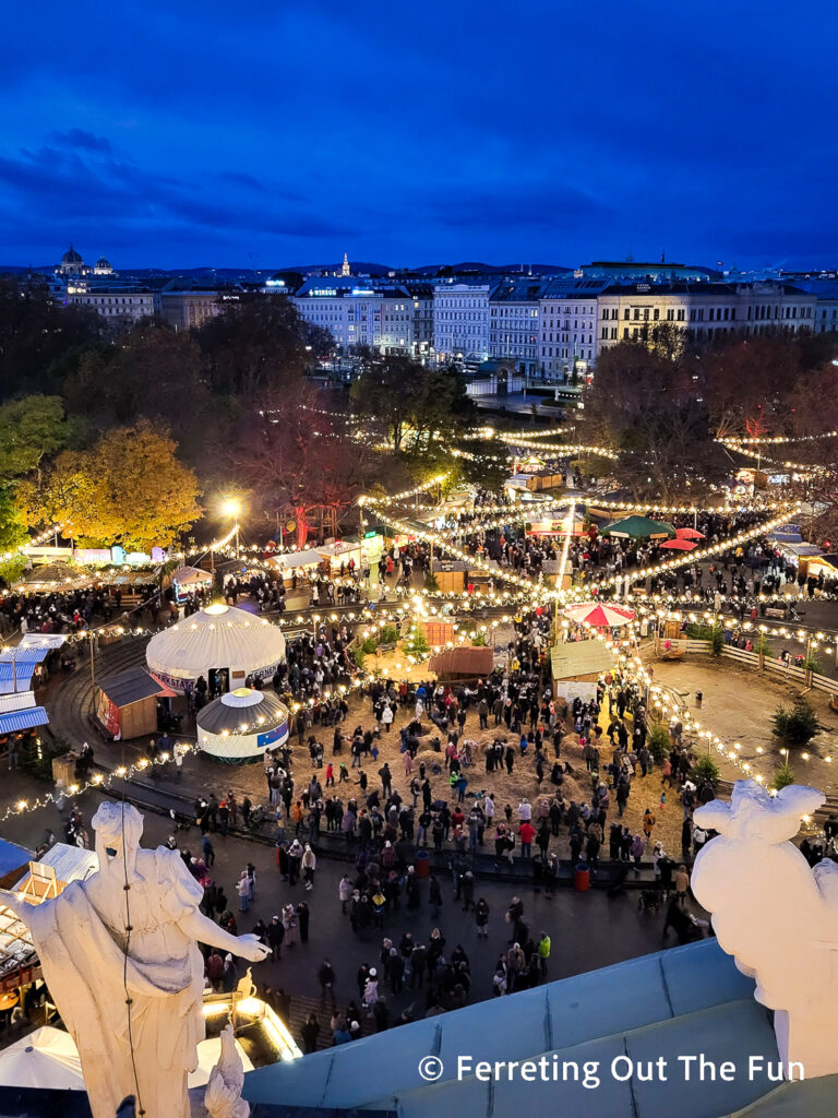 Night view of Karlsplatz Christmas Market from the terrace of Karlskirche in Vienna