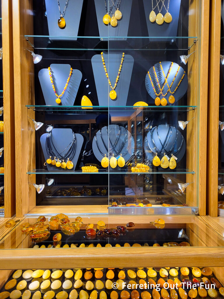 Baltic amber necklaces and pendants at a jewelry shop in Riga, Latvia