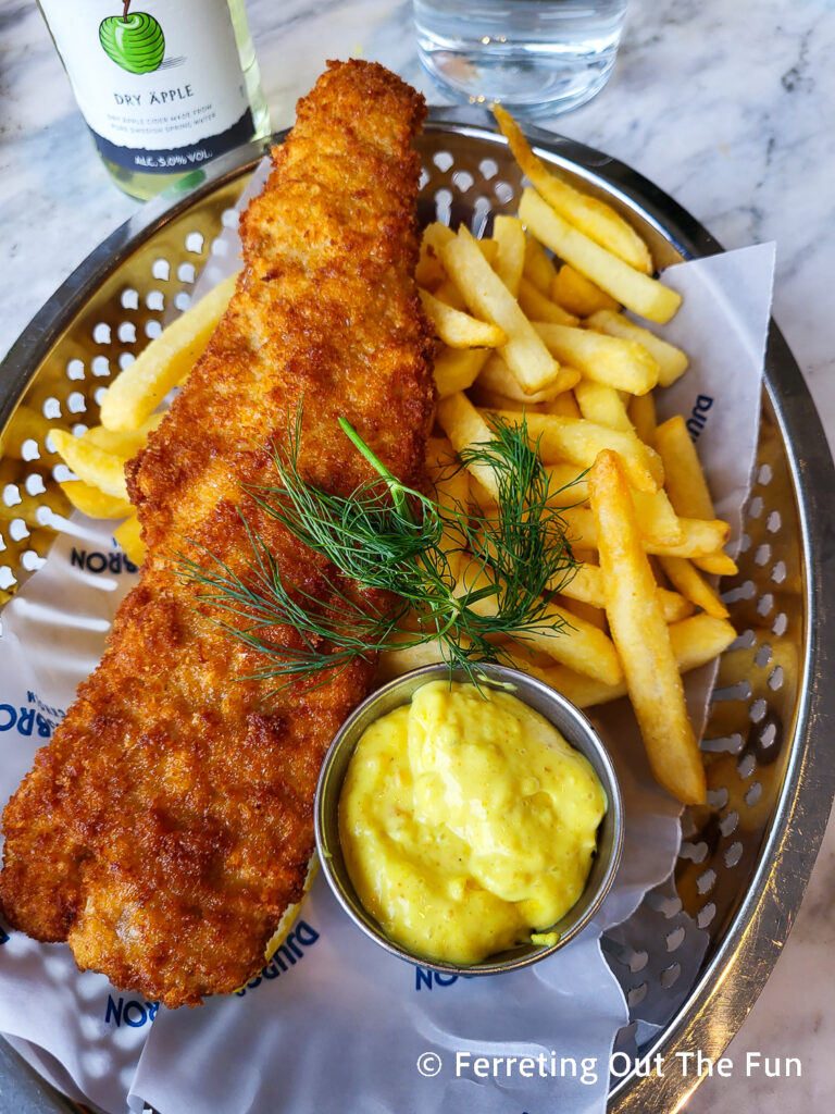 Fish and chips in Stockholm with hard apple cider