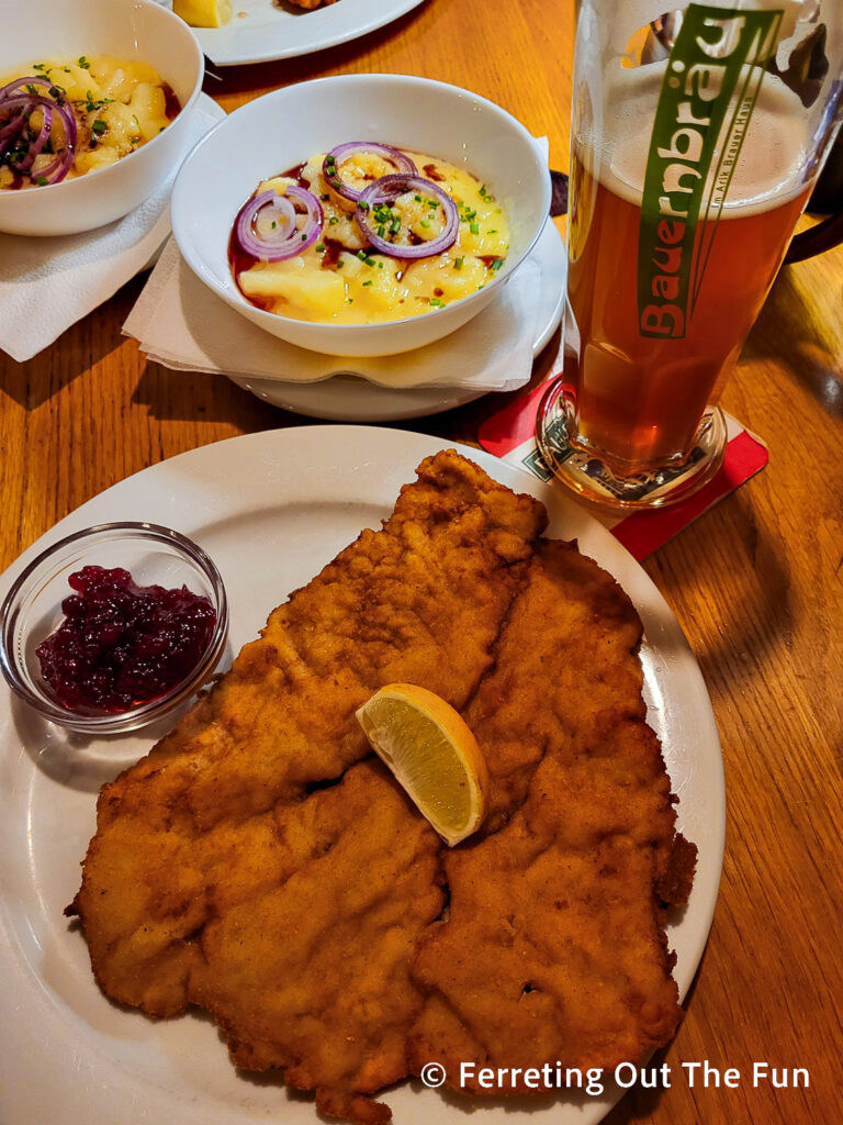 Wiener schnitzel and potato salad at Bauernbrau restaurant in Vienna