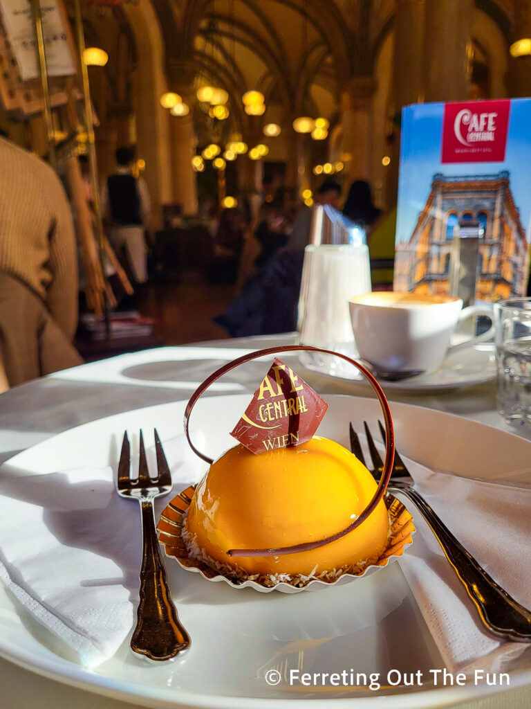 A stunning passionfruit dessert at the famous Cafe Central in Vienna, Austria