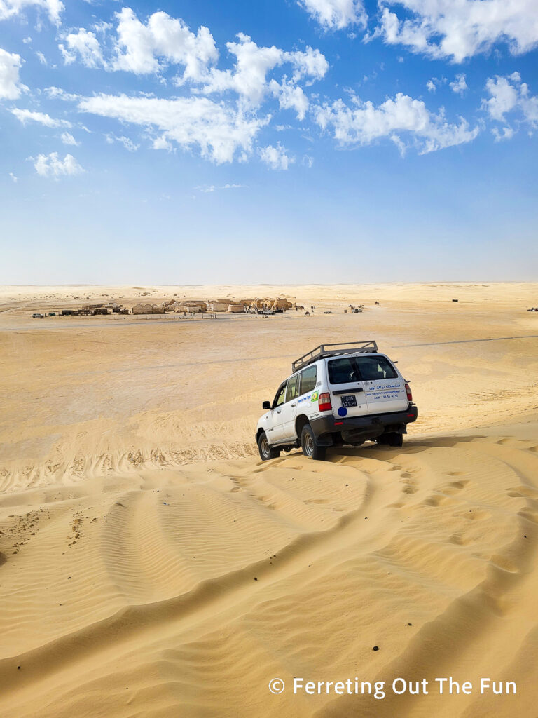 Driving through sand dunes in the Sahara Desert, Tunisia, to the Mos Espa Star Wars film site.